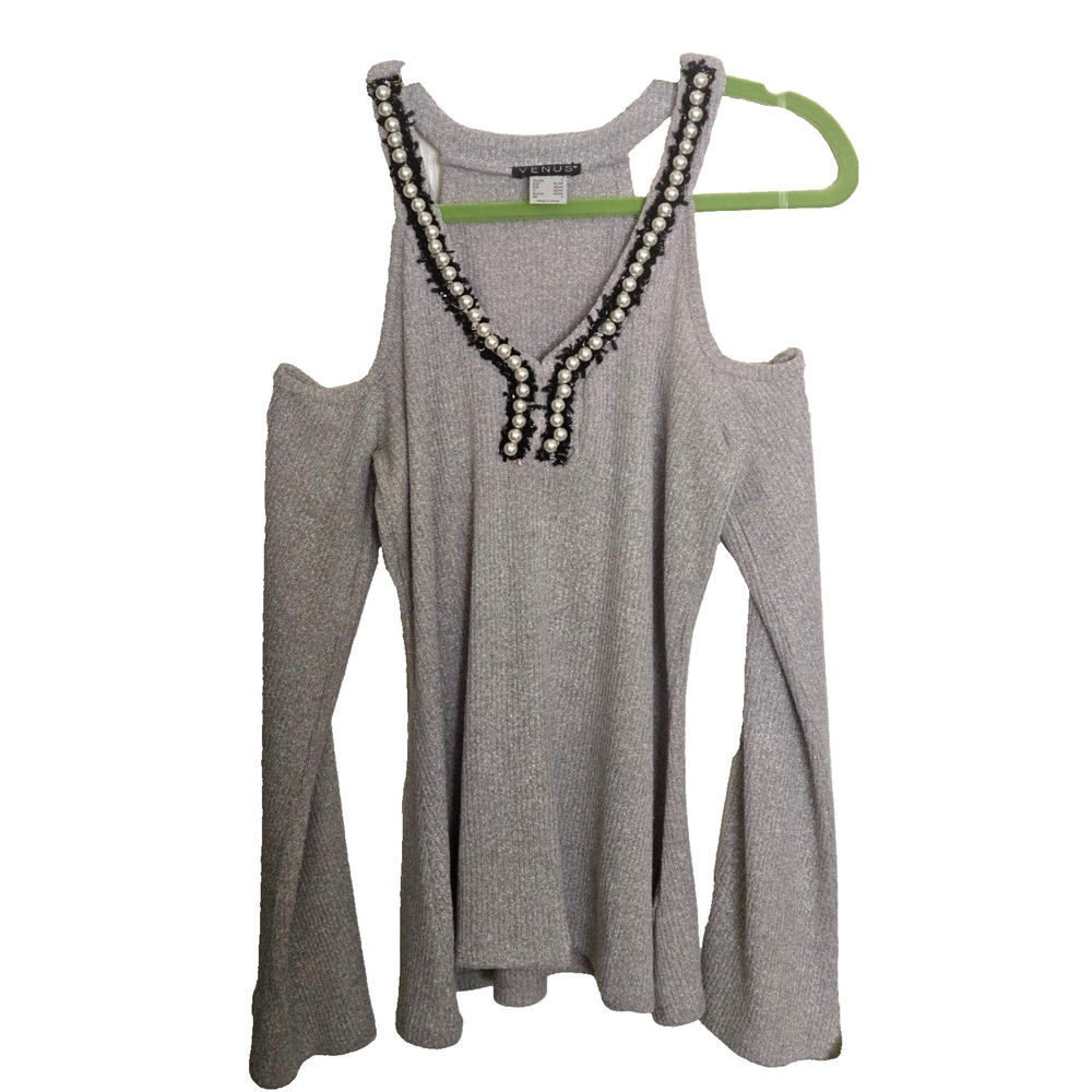 Venus Cold Shoulder Long Sleeve‎ Sweater Women's Small Gray w/Pearl Accents NWOT